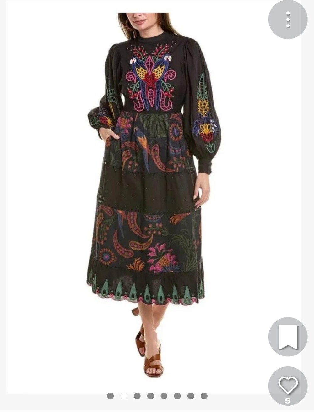 Farm Rio Black Embroidered Midi Dress with Colorful Floral Motifs